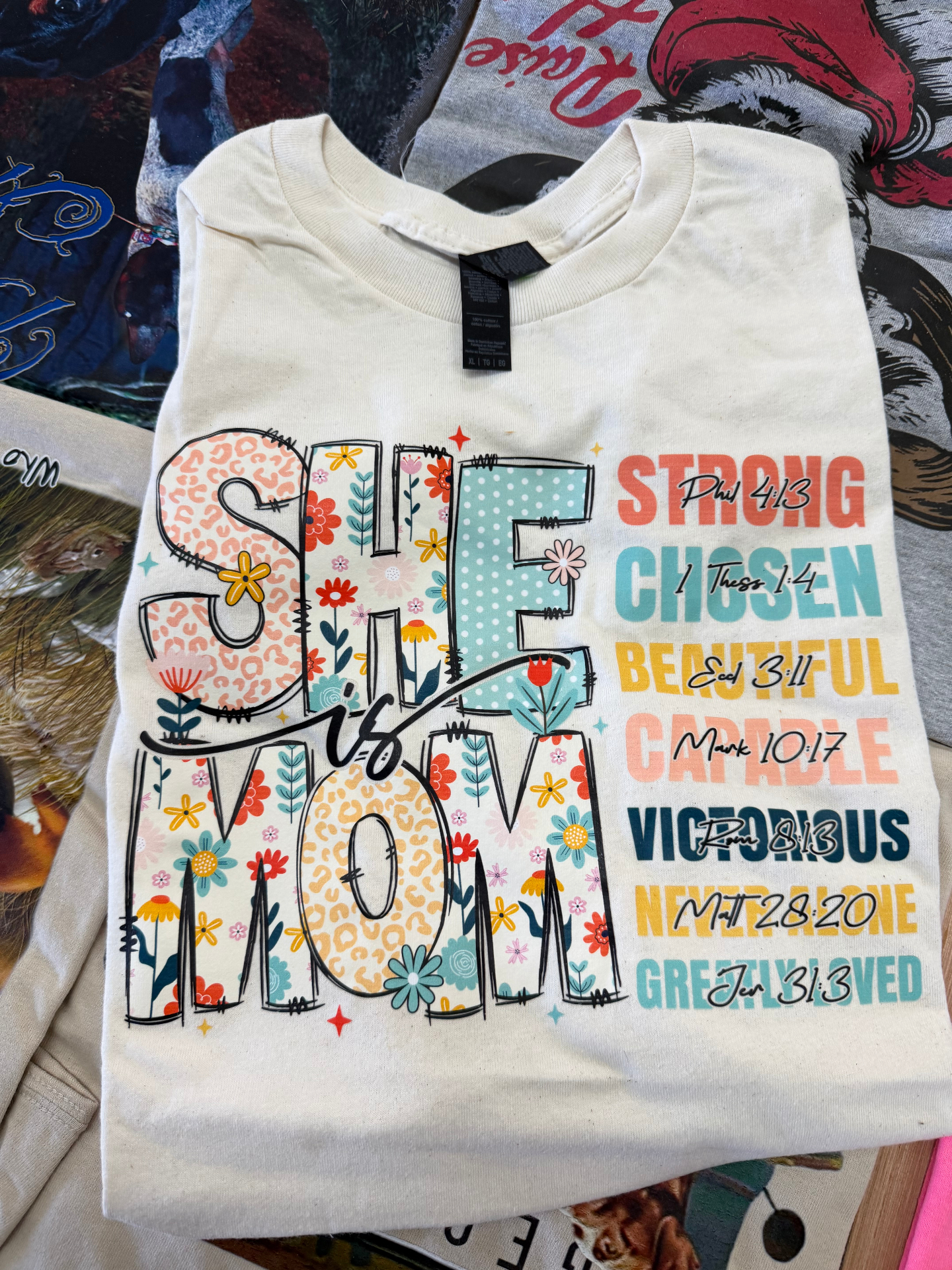 Custom 'She is Mom' floral scripture t-shirt by Peggy's Place